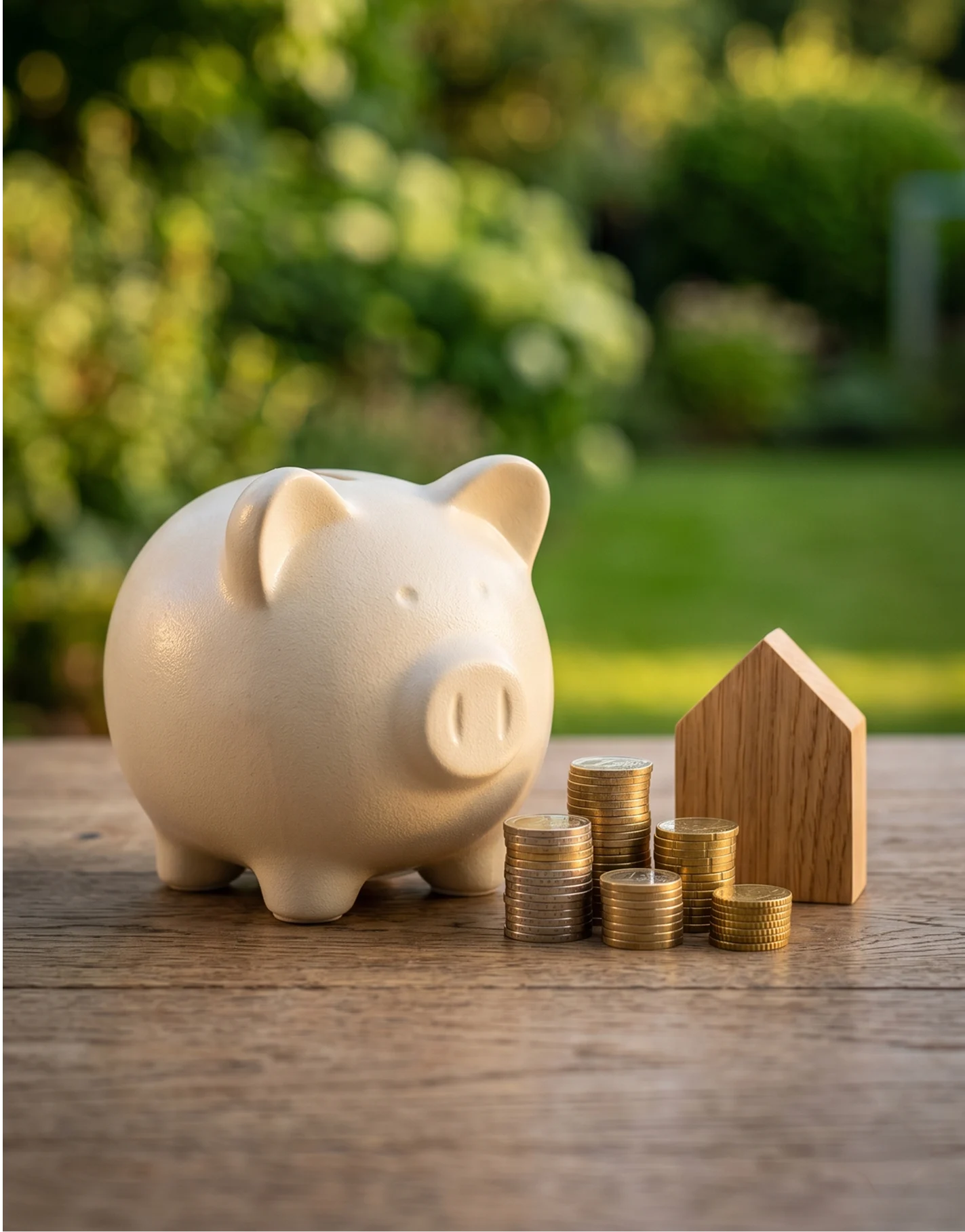 Tirelire en forme de cochon accompagnée d'une maisonnette en bois et de piles de pièces, symbolisant les économies d'énergie et le budget de rénovation.