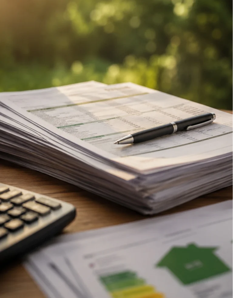 Pile de documents pour un audit énergétique avec un graphique de DPE vert et un stylo posé sur un bureau.
